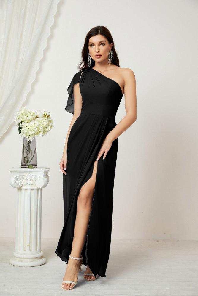 Baoleely  Chiffon Ruffled One Shoulder Long Bridesmaid Dresses A-line Formal Evening Gown Side Split 2809