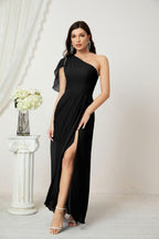 Baoleely  Chiffon Ruffled One Shoulder Long Bridesmaid Dresses A-line Formal Evening Gown Side Split 2809