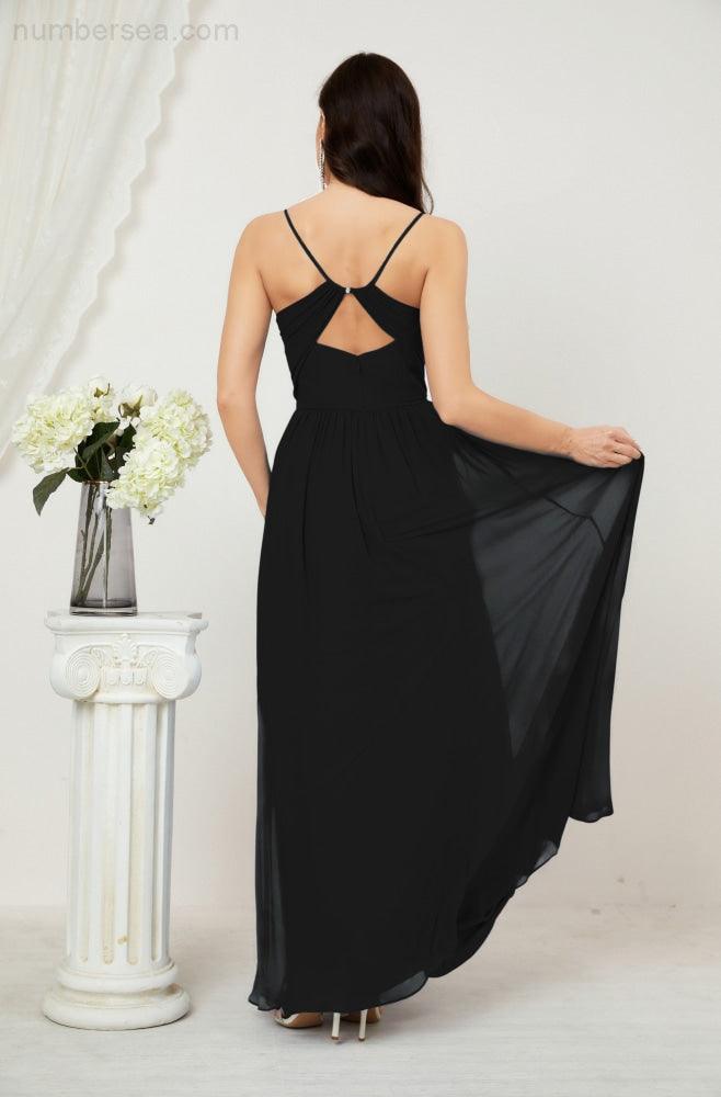 Robe de demoiselle d'honneur en mousseline de soie, longue, coupe trapèze, col en V, pour soirée de mariage, 2801 