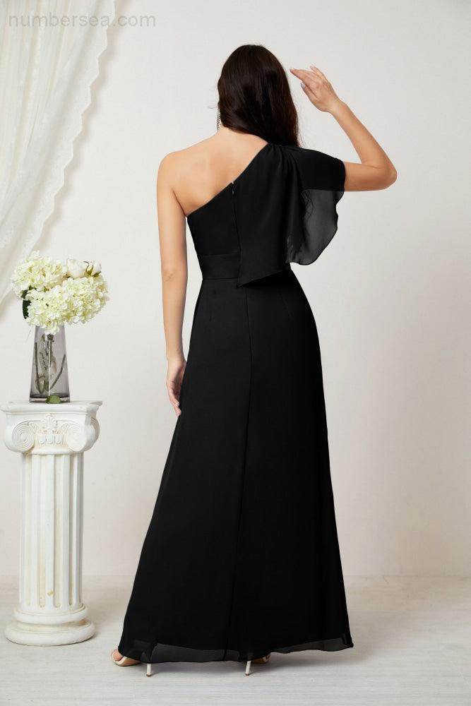 Baoleely  Chiffon Ruffled One Shoulder Long Bridesmaid Dresses A-line Formal Evening Gown Side Split 2809