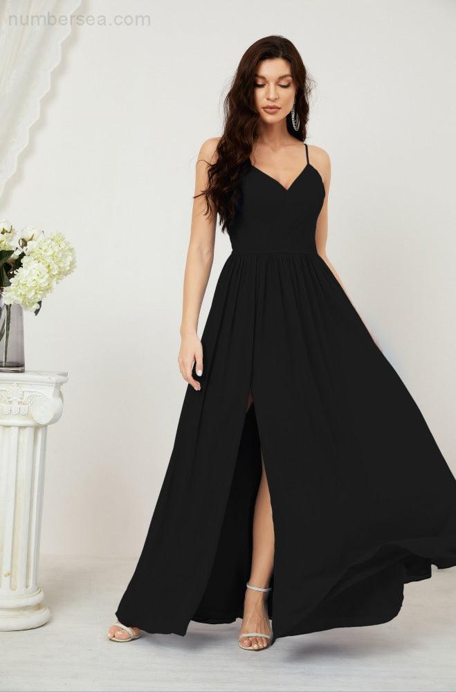Robe de demoiselle d'honneur en mousseline de soie, longue, coupe trapèze, col en V, pour soirée de mariage, 2801 