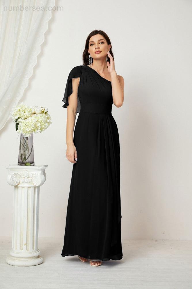 Baoleely  Chiffon Ruffled One Shoulder Long Bridesmaid Dresses A-line Formal Evening Gown Side Split 2809