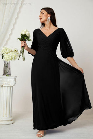 Baoleely  Formal Prom Gown Women V-Neck Chiffon Bridesmaid Dresses Long Bishop Sleeve Party Dress 2807