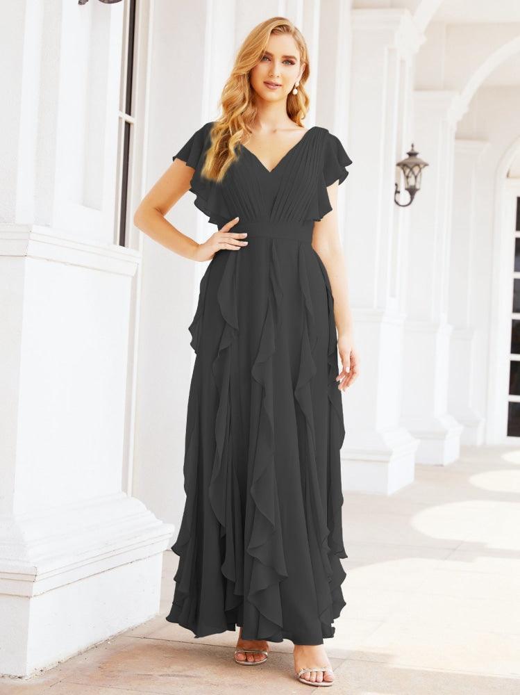 Ruffled Bridesmaid Dresses with Sleeves Long Formal Party Dress 28041