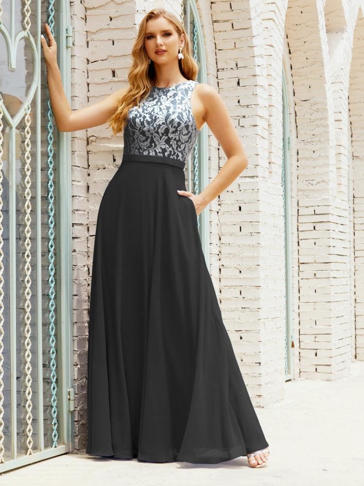 Vestido de dama de honor de encaje, largo hasta el suelo, con bolsillos, 28017 