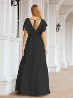 Baoleely Women's Open Back Formal Evening Party Prom Gowns V-Neck Long Chiffon Bridesmaid Dresses with Waist Belt 28038