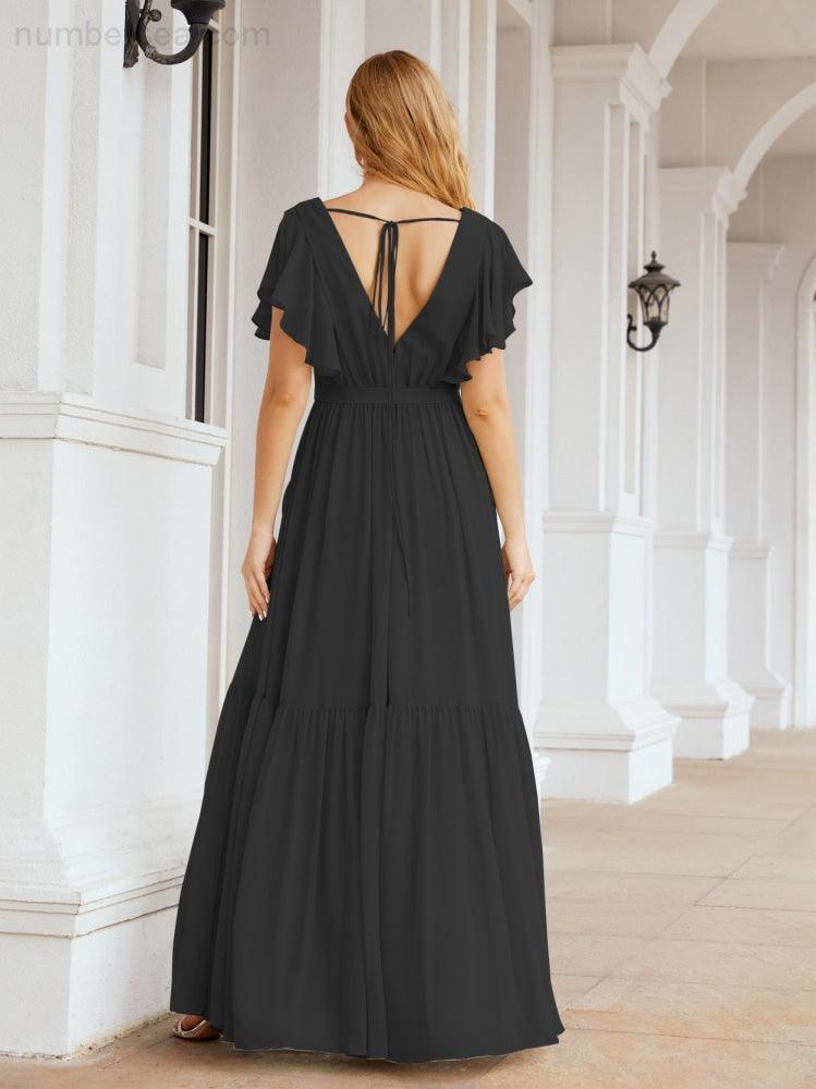 Baoleely Women's Open Back Formal Evening Party Prom Gowns V-Neck Long Chiffon Bridesmaid Dresses with Waist Belt 28038