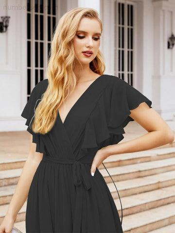 Vestido de fiesta formal de noche con espalda descubierta para mujer Baoleely, escote en V, largo, de gasa, con cinturón a la cintura 28038