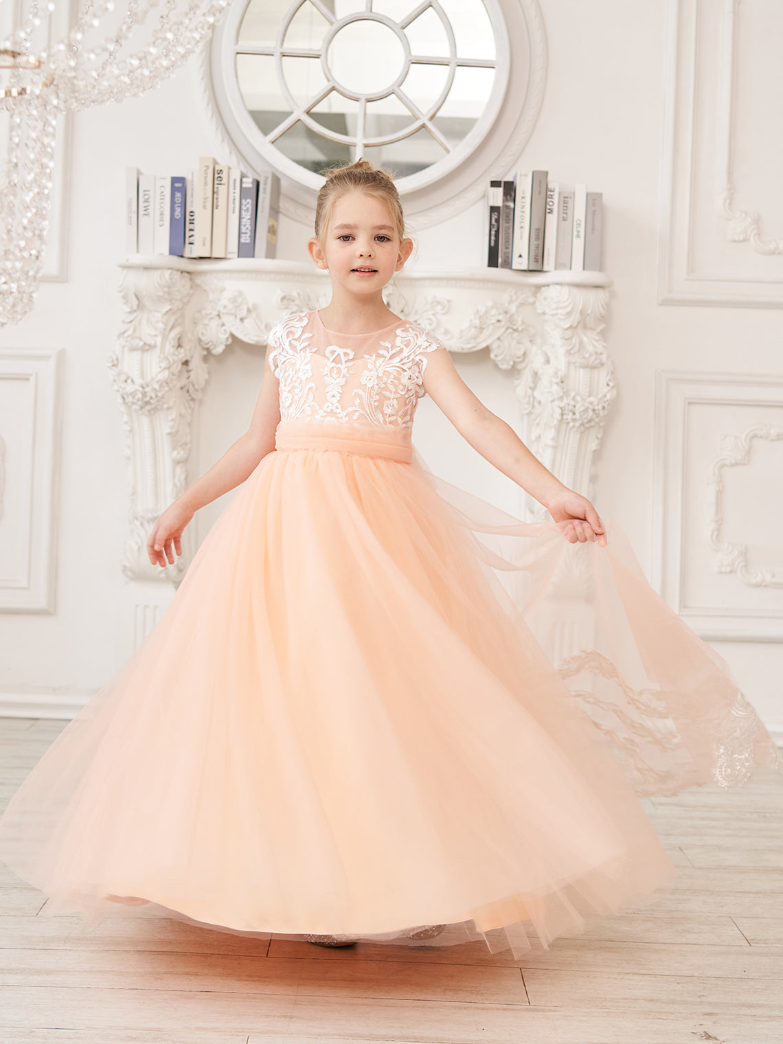 Vestido rosa de niña de las flores, corte en A, encaje, tul y cola corta 