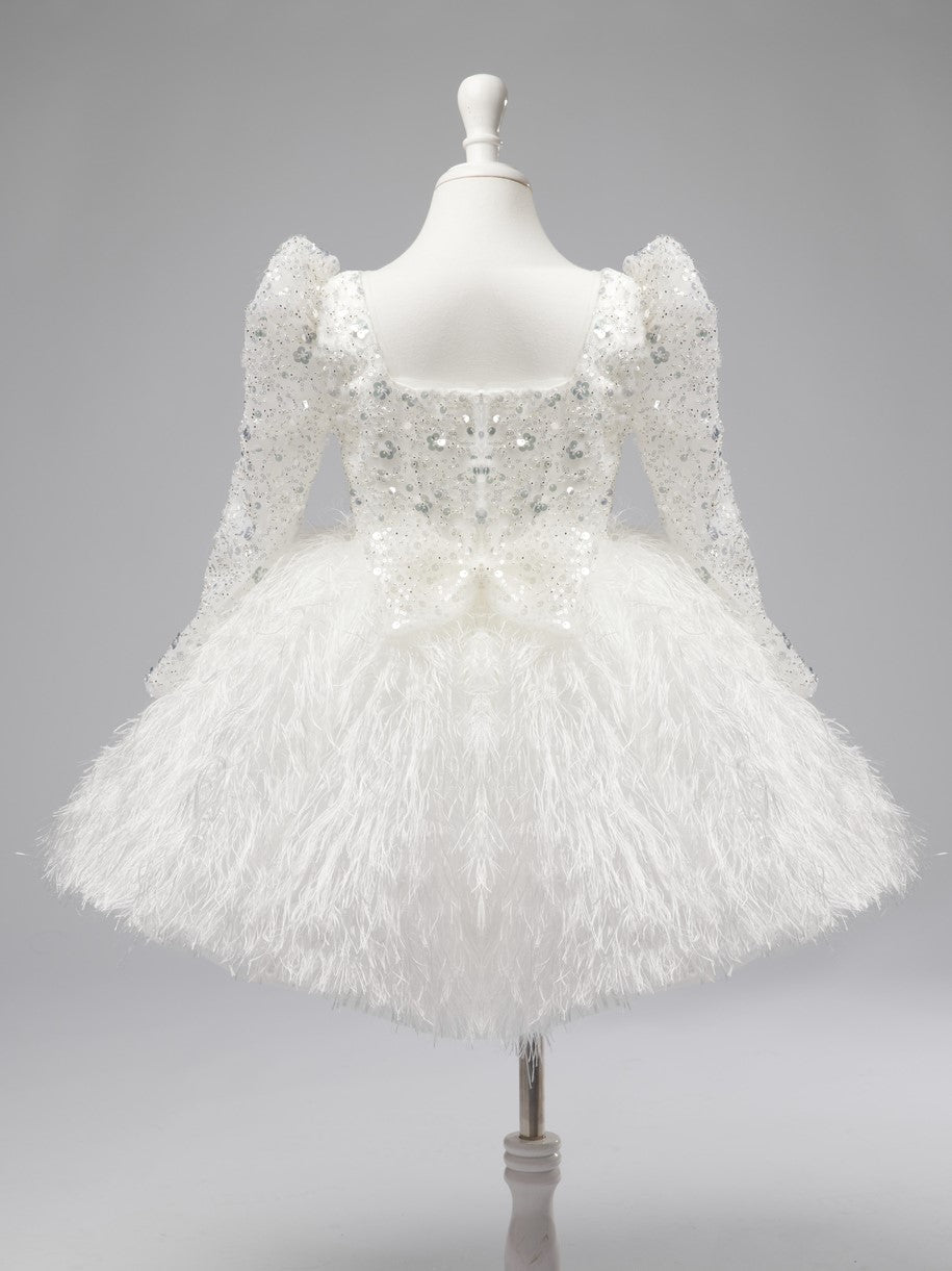 Vestido blanco de tul y plumas hasta la rodilla para bebé niña 
