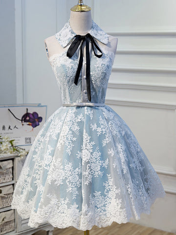 Cute Halter Homecoming Dresses with Lace Appliques