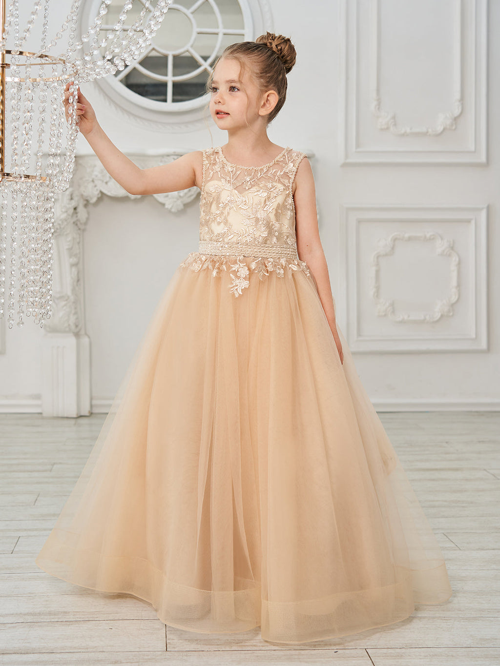 Vestido de princesa/vestido de princesa con cola de tul y vestido de niña de las flores color champán 