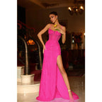 Vestido largo formal de fiesta con abertura, escote en V, apliques de encaje y corte tubo/columna