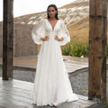 Robe de mariée simple à manches bouffantes, longue, dos nu, style A, robe de mariée de plage, traîne balayée, en mousseline de soie. 
