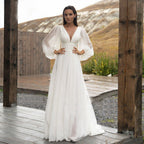Robe de mariée simple à manches bouffantes, longue, dos nu, style A, robe de mariée de plage, traîne balayée, en mousseline de soie. 