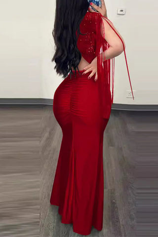 Vestidos de noche sexys, formales, lisos, con borlas, lentejuelas y escote en V. 