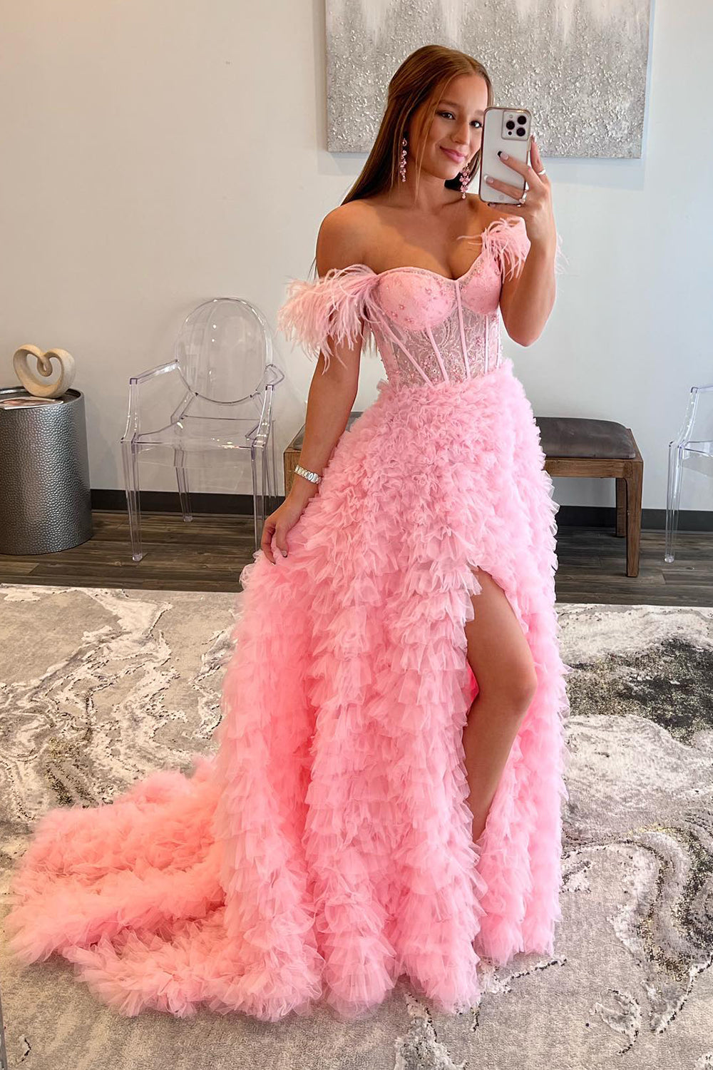 Princess A Line Off the Shoulder Purple Long Prom Dress with Feather