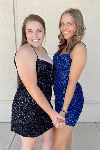 Sparkly Royal Bodycon Spaghetti Straps Sequins Corset Short Homecoming Dress