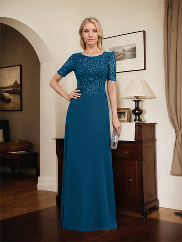 A-line Scoop Floor-Length Lace Chiffon Mother of the Bride Dress With Sequins