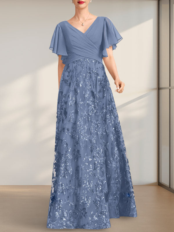 Vestido de novia de corte A, escote en V, largo hasta el suelo, de encaje, lentejuelas y gasa, con pliegues.