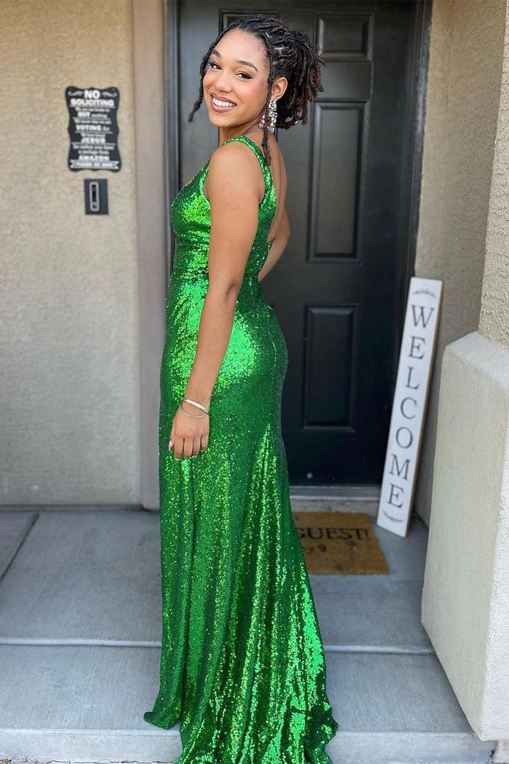 Mermaid Square Neck Sequins Long Prom Dress with Slit