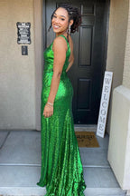 Mermaid Square Neck Sequins Long Prom Dress with Slit