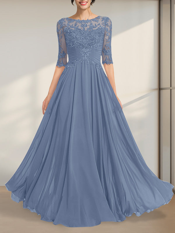 Robe de mère de la mariée en mousseline de soie et dentelle, coupe trapèze, longueur au sol, décolleté illusion, ornée de sequins plissés