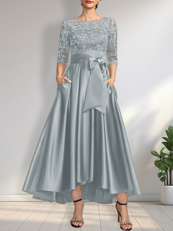 Vestido de madrina de la novia, corte asimétrico, escote ilusión, satén y encaje, con lazo.