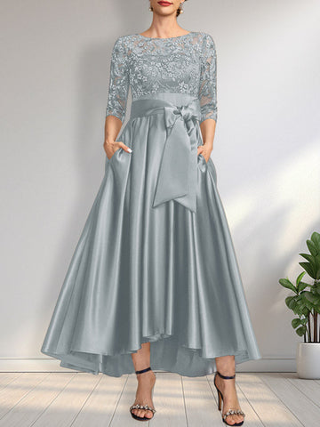 A-line Scoop Illusion Asymmetrical Satin Lace Mother of the Bride Dress With Bow