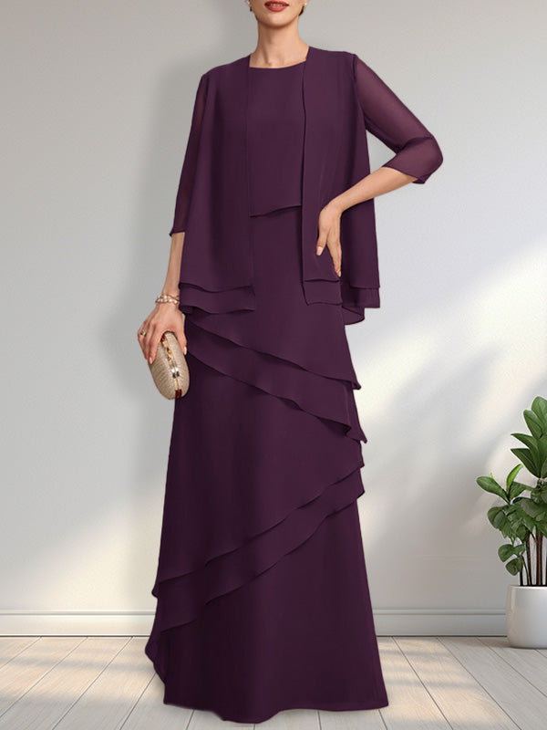 Vestido de gasa de corte recto y escote redondo hasta el suelo para la madre de la novia