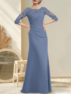 Robe de mariée trapèze en mousseline de soie et dentelle, longue jusqu'au sol, ornée de perles et de sequins plissés, idéale pour la mère de la mariée.