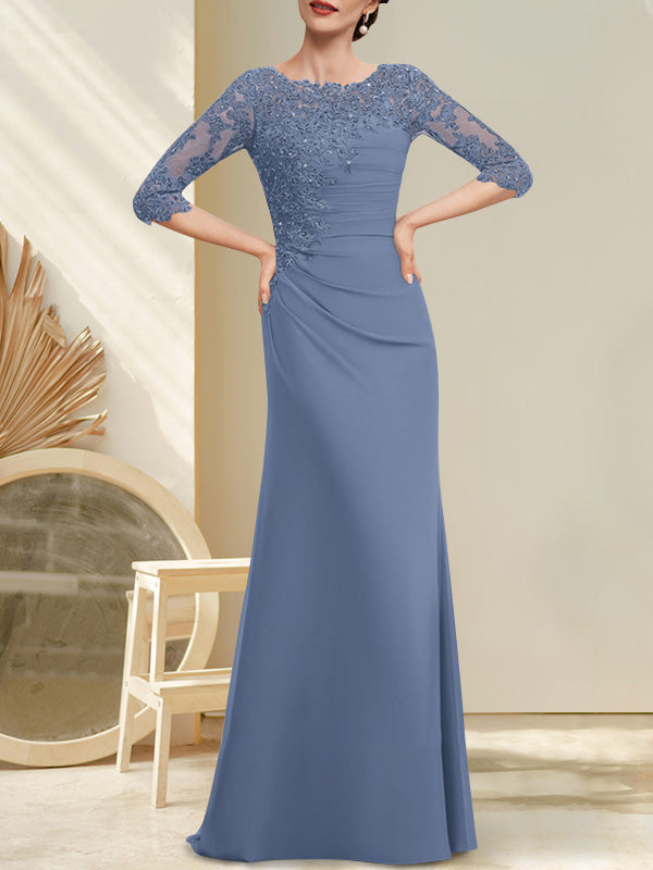 Vestido de corte A, escote redondo, largo hasta el suelo, de gasa, encaje, con cuentas, lentejuelas plisadas, para la madre de la novia.