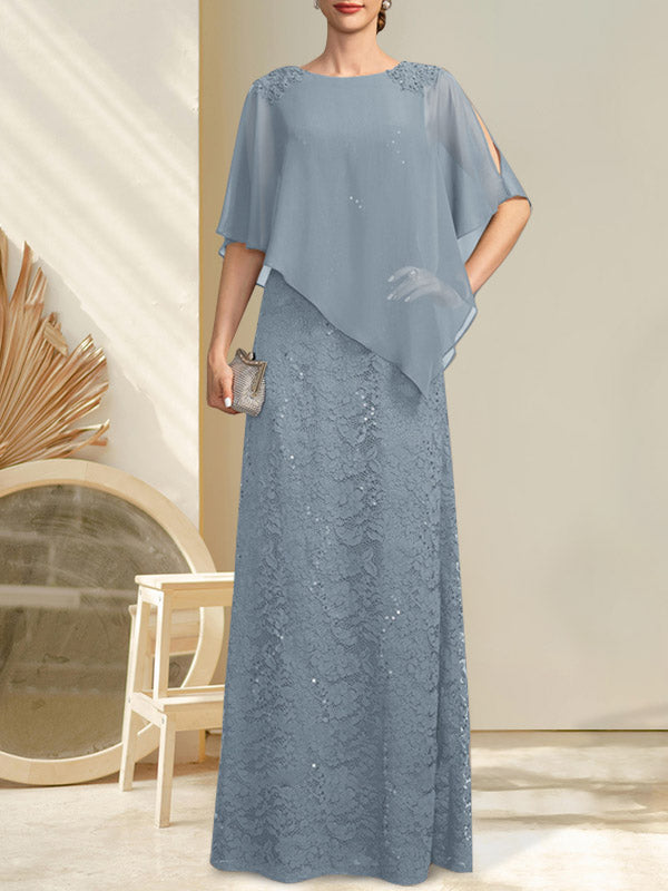 Vestido de novia de corte recto/columna, largo hasta el suelo, de gasa con encaje y lentejuelas, con escote redondo y pedrería.
