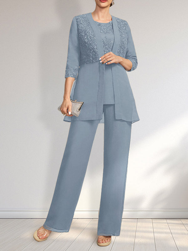 Vestido de novia de gasa con encaje y lentejuelas, estilo mono/traje pantalón, largo hasta el suelo, con escote redondo.