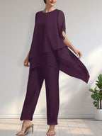 Vestido de gasa de dos piezas para la madre de la novia: mono/traje pantalón con escote redondo y largo hasta el tobillo.