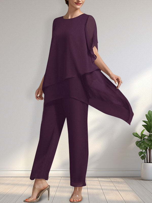Vestido de gasa de dos piezas para la madre de la novia: mono/traje pantalón con escote redondo y largo hasta el tobillo.