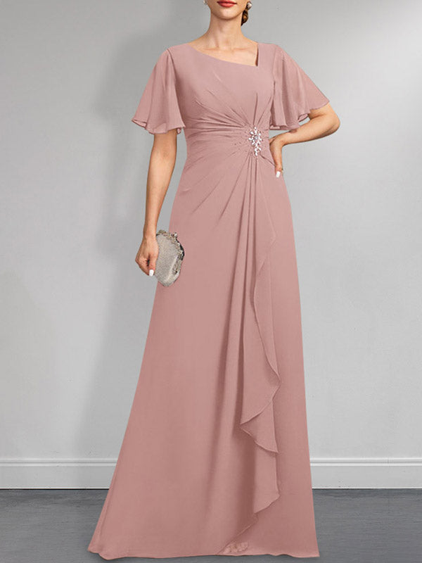Robe de mariée asymétrique en mousseline de soie, coupe trapèze, longueur au sol, ornée de plis, de perles et de sequins, idéale pour la mère de la mariée.