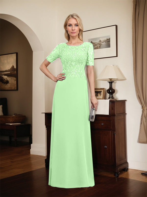 Vestido de novia de corte línea A, escote redondo, largo hasta el suelo, de encaje y gasa con lentejuelas.