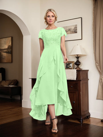 A-line Scoop Illusion Asymmetrical Chiffon Lace Mother of the Bride Dress With Bow Ruffle Sequins
