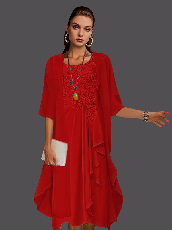 Vestidos de dos piezas de corte A, de gasa, encaje, sin mangas, con chaqueta, pliegues y apliques. 
