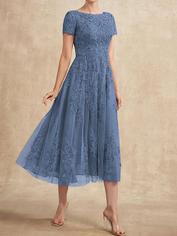 A-line Scoop Tea-Length Tulle Lace Mother of the Bride Dress