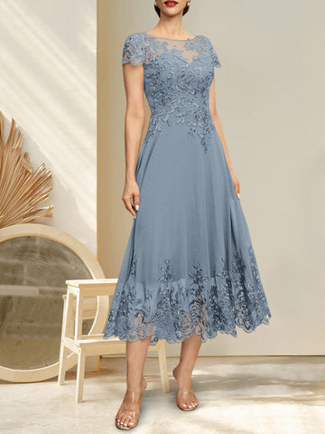 A-line Illusion Scoop Tea-Length Lace Chiffon Mother of the Bride Dress With Sequins