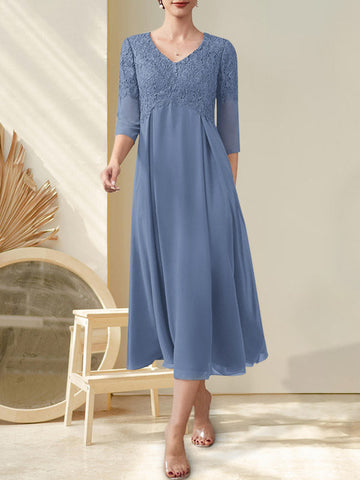 A-line V-Neck Tea-Length Chiffon Lace Mother of the Bride Dress With Beading