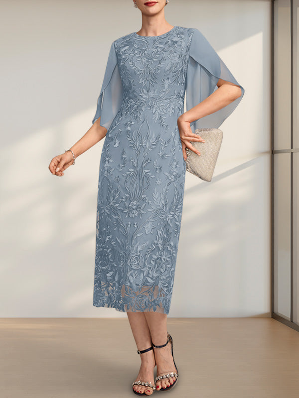 Vestido de novia de gasa de encaje, corte recto/columna, largo hasta la rodilla, con escote redondo.