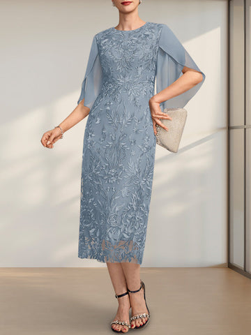 Sheath/Column Scoop Tea-Length Lace Chiffon Mother of the Bride Dress