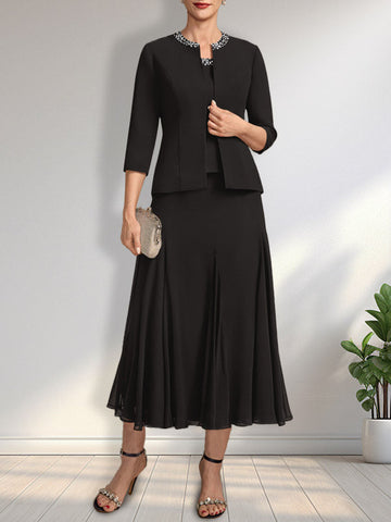 Separates A-line Scoop Tea-Length Chiffon Mother of the Bride Dress With Sequins Beading