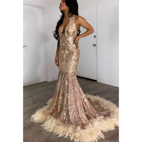 V-Neck Sleeveless Sequins Sheer Tulle Feather Mermaid Long Prom Evening Dress