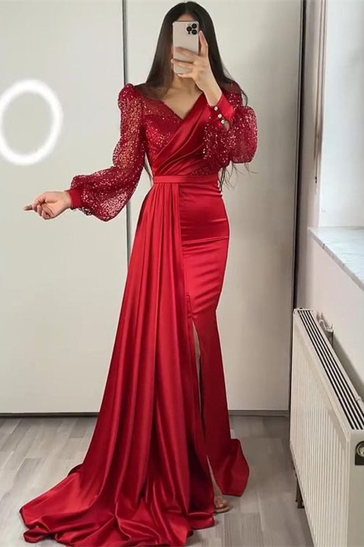 Long Sleeves V-neck Satin Mermaid Prom Dresses with Split