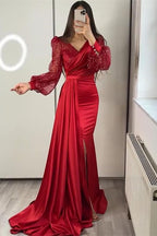 Long Sleeves V-neck Satin Mermaid Prom Dresses with Split