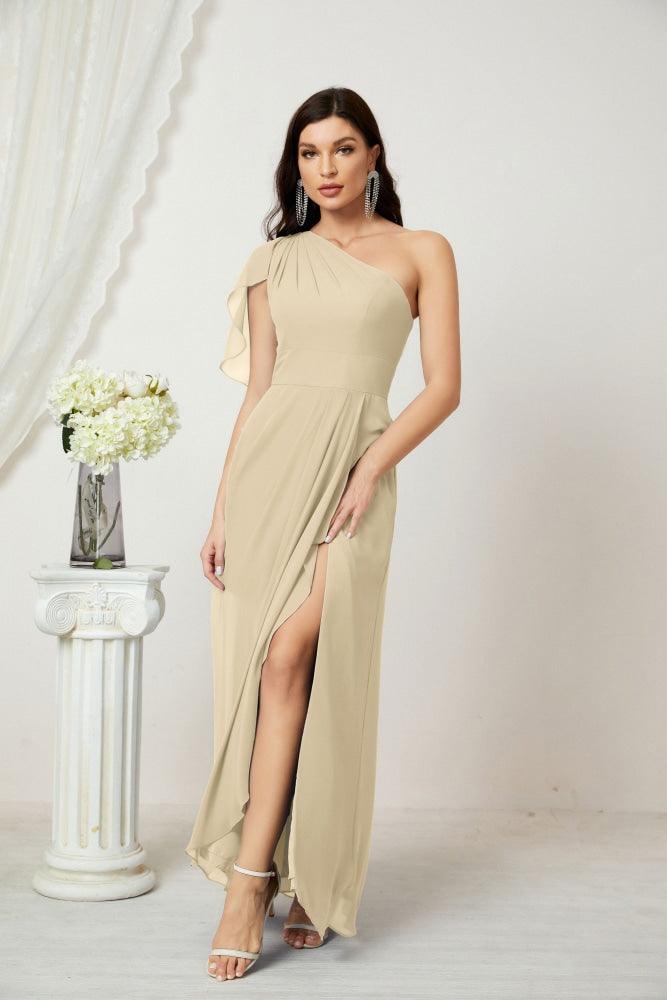 Baoleely  Chiffon Ruffled One Shoulder Long Bridesmaid Dresses A-line Formal Evening Gown Side Split 2809